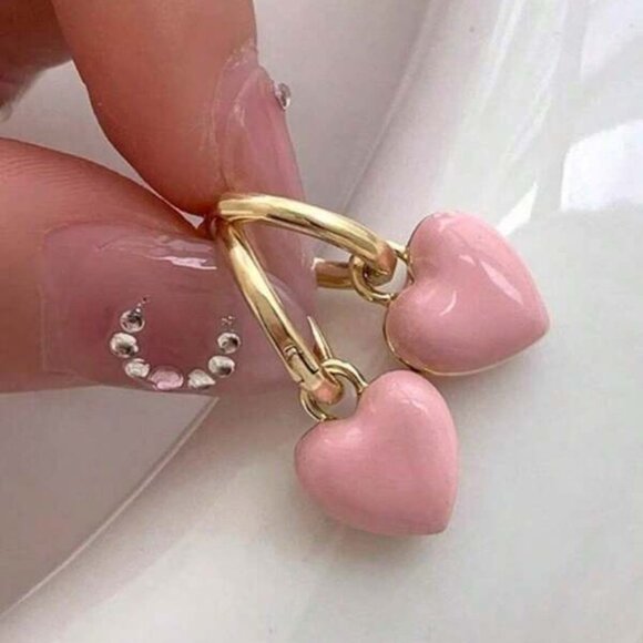 14K Gold-Filled Pink Heart Hoop Earrings - Picture 1 of 5